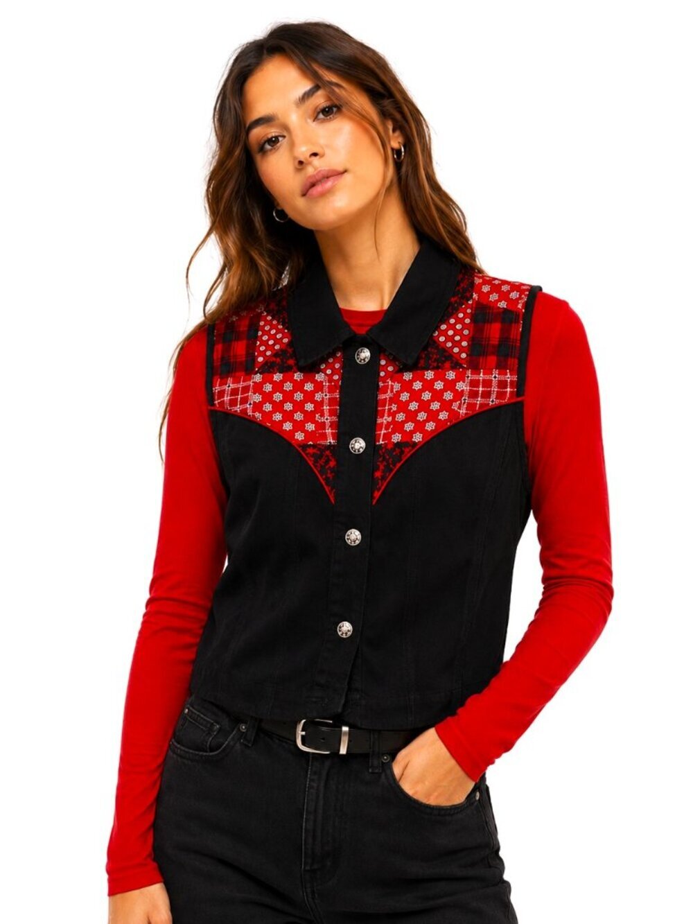 Carole Little Sport Bandana Patchwork Cotton Denim Vest